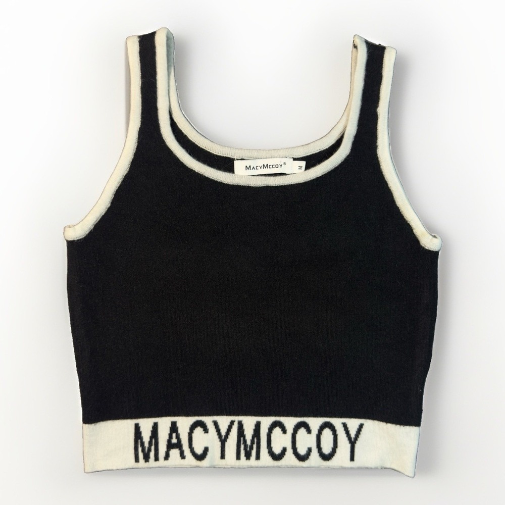 Macy McCoy Womens M Black Ivory Knit Tank Top Logo Hem Cropped Sleeveless